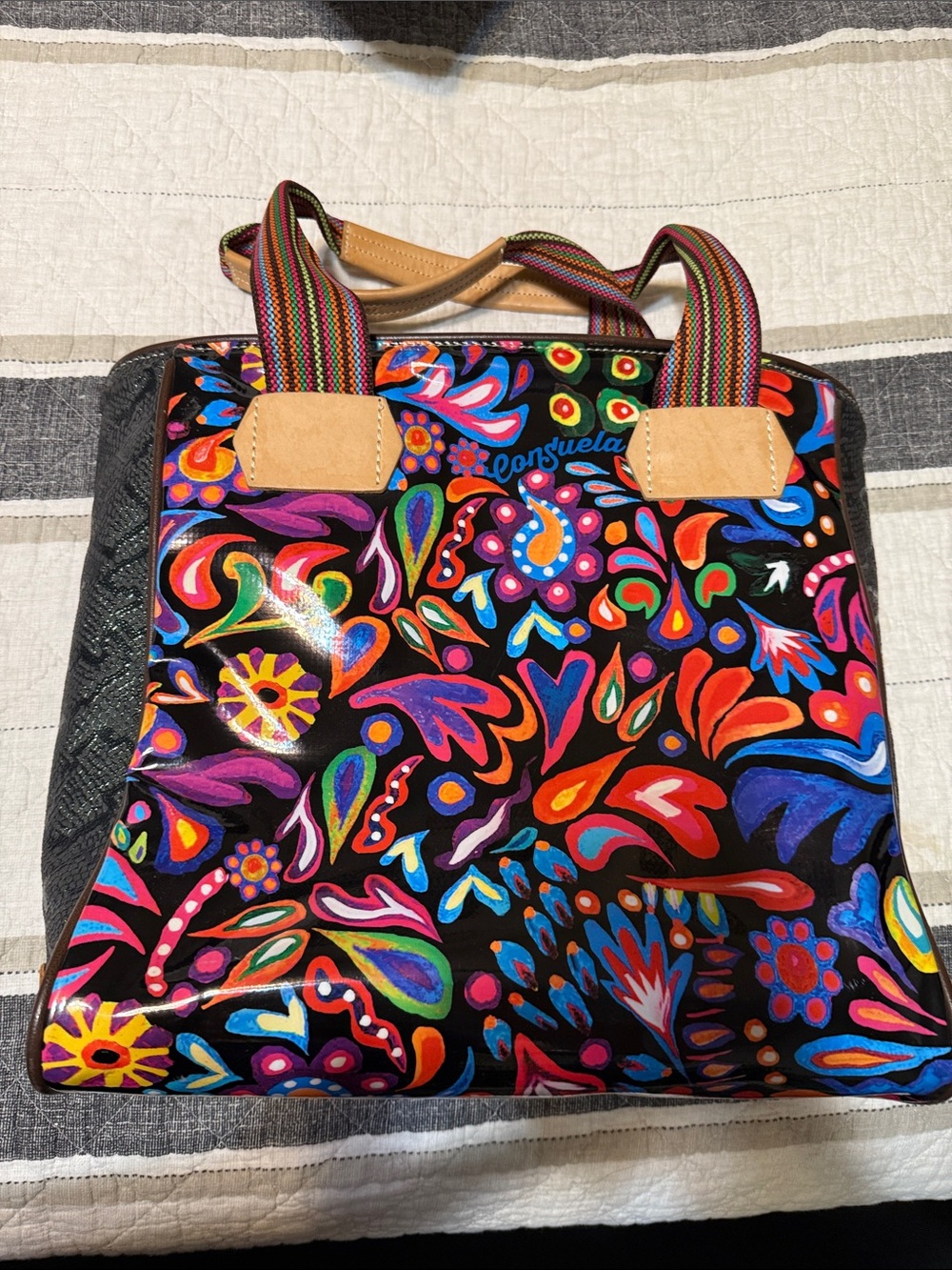 Consuela Sophia Print Black Multicolor Floral Classic Tote with Striped Handles
